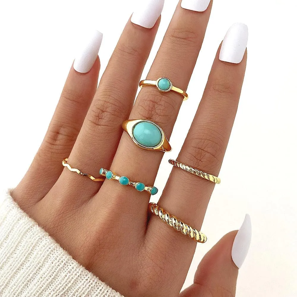 14K Gold Turquoise Layered Stacking Rings for Women Glossy Circular Thin Twist Ring Set Retro Green Natural Stone Knuckle Midi Jewelry Gifts