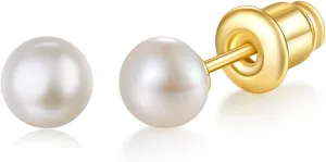 14K Gold | White Gold Plated Sterling Silver Hoop, AAA  Quality Simulated Shell Pearl Stud Earrings | 5mm, 7mm Pearl