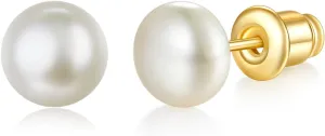14K Gold | White Gold Plated Sterling Silver Hoop, AAA  Quality Simulated Shell Pearl Stud Earrings | 5mm, 7mm Pearl