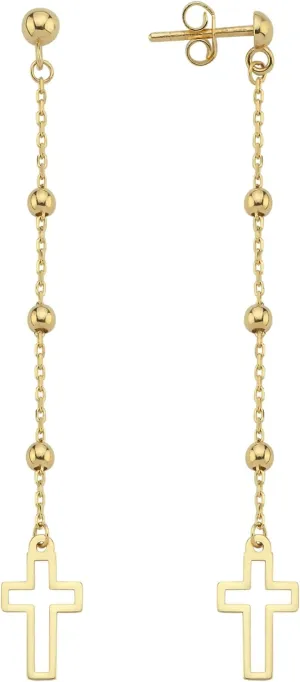 14K Solid Gold or Gold Plated Cross Stud Earrings for Women, Dainty Drop Chain Dangle Earrings, Religious Jewelry Gift for Her