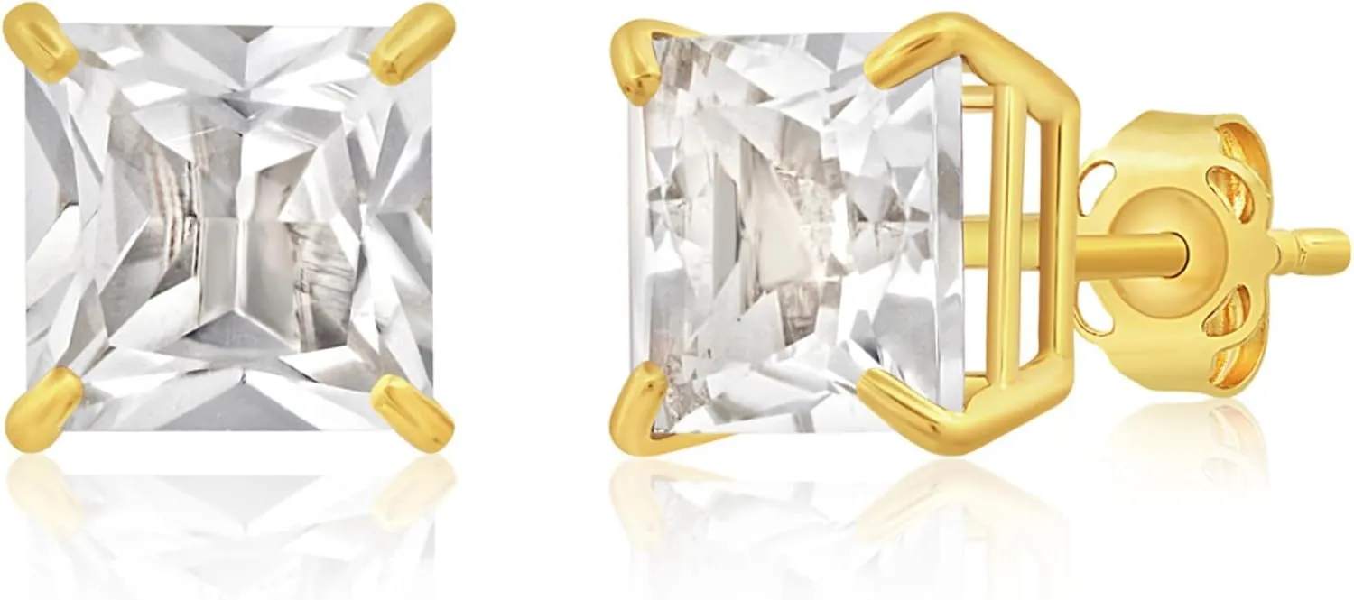 14k White or Yellow Gold Princess Cut Gemstone Square Stud Earrings for Women 7mm Solitaire Birthstone with Push Backs by MAX   STONE