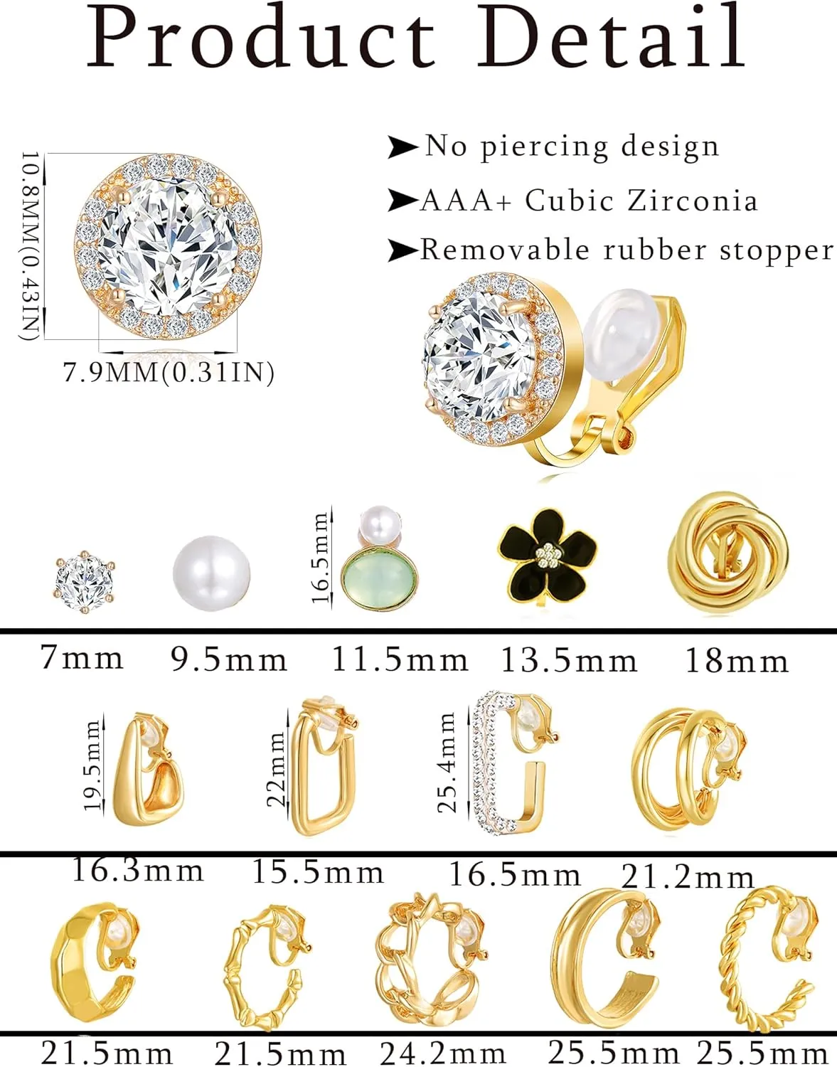 15 Pairs Clip on Earrings for Women Chunky Hoop Clip Earring Round CZ Twist Simulated Pearl Flower Knot No Piercing Fake Stud Earrings Sets Jewelry Gifts Gold Silver Tone