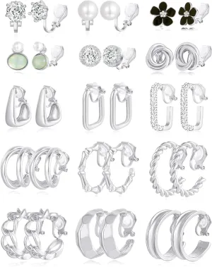 15 Pairs Clip on Earrings for Women Chunky Hoop Clip Earring Round CZ Twist Simulated Pearl Flower Knot No Piercing Fake Stud Earrings Sets Jewelry Gifts Gold Silver Tone
