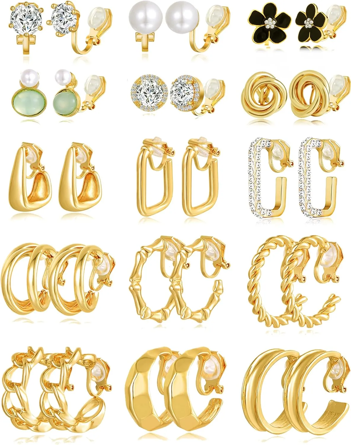 15 Pairs Clip on Earrings for Women Chunky Hoop Clip Earring Round CZ Twist Simulated Pearl Flower Knot No Piercing Fake Stud Earrings Sets Jewelry Gifts Gold Silver Tone