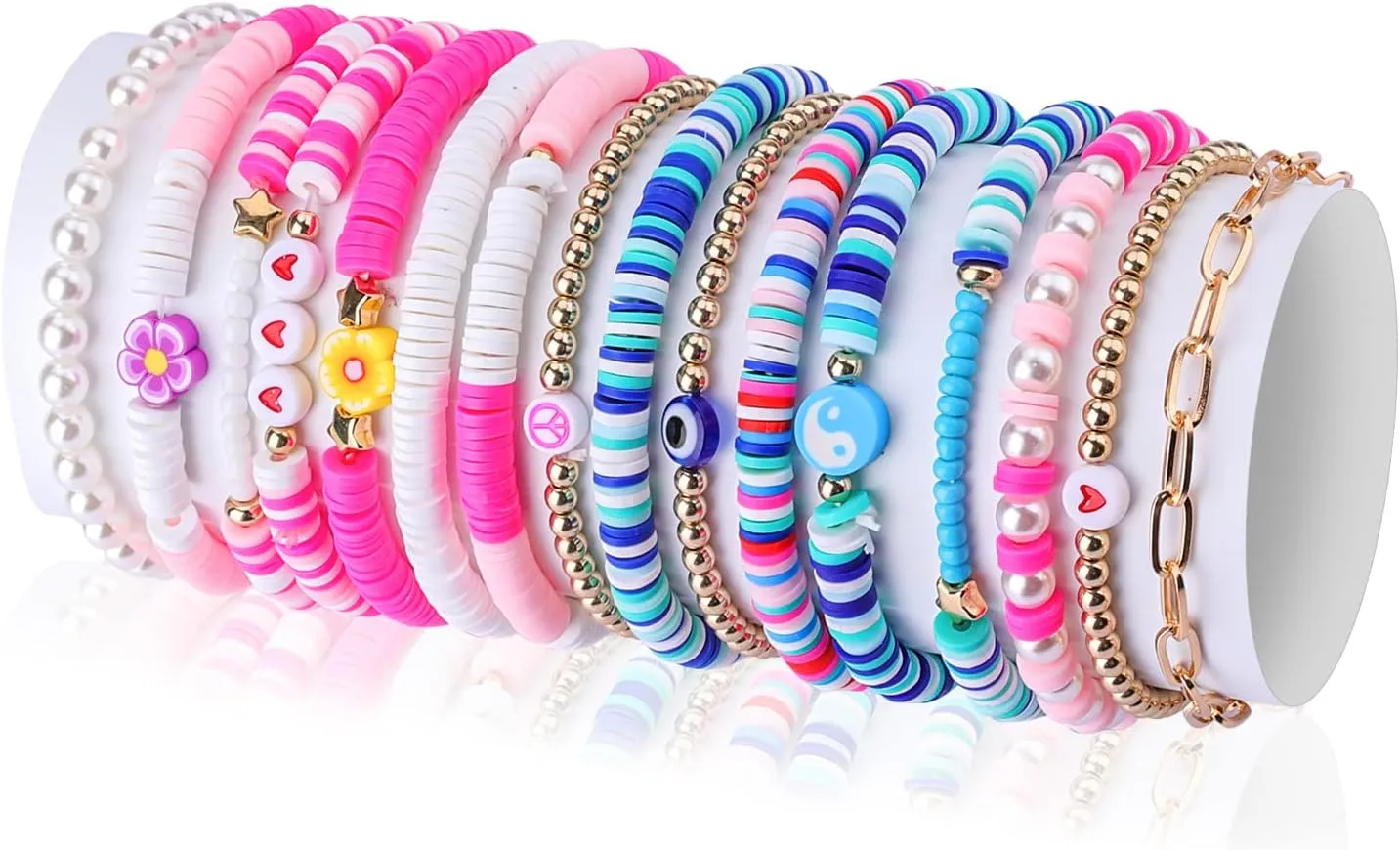 16 Pieces Bohemian Bracelet, Handmade Rainbow Bracelets Preppy Boho Disc Bracelet Stretch Heishi Beads for Women Summer Beach Jewelry