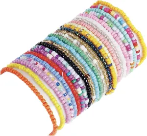 17pcs Bohemian Stackable Multilayer Elastic Bracelets - Handmade Seed Beaded Jewelry for Women & Girls