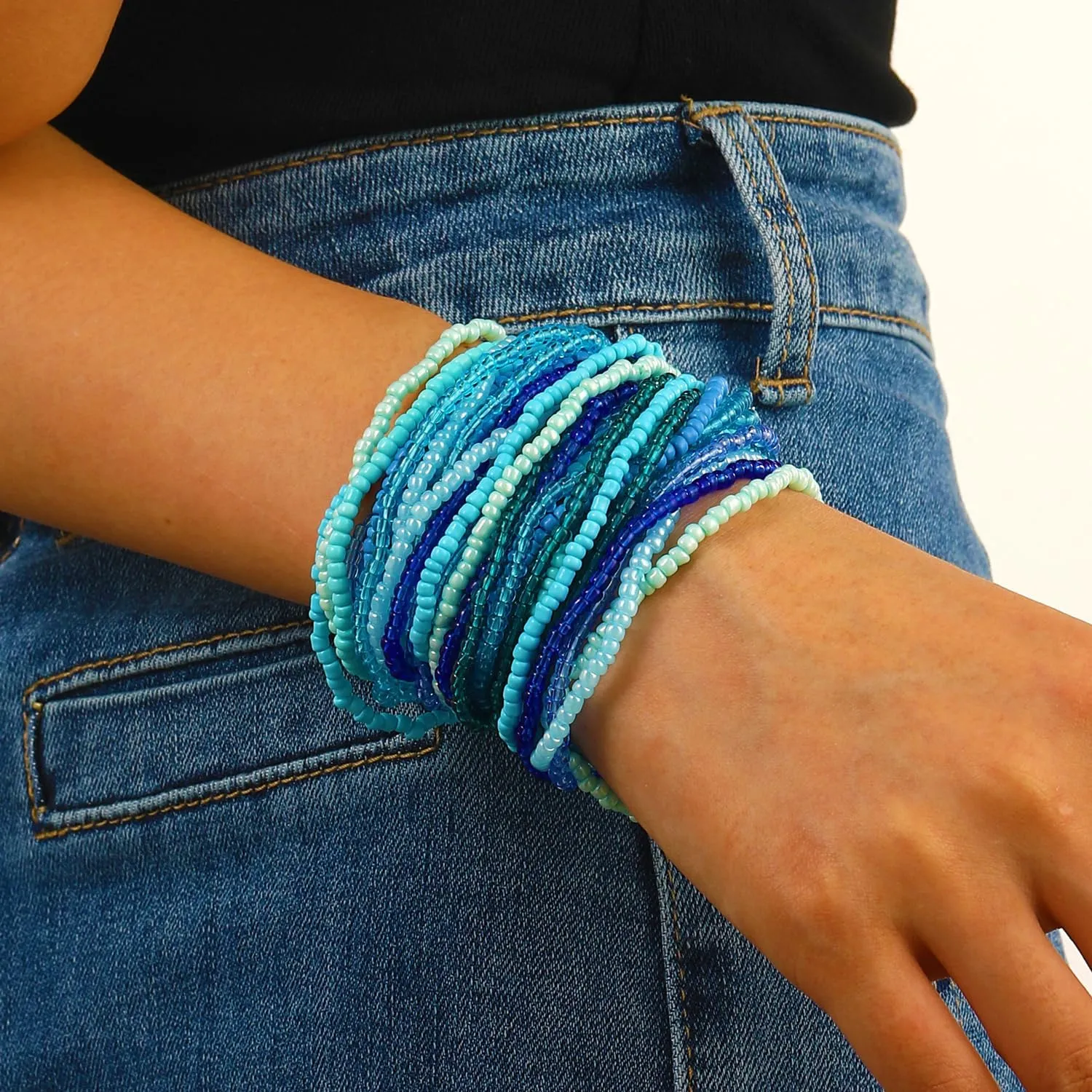 17pcs Bohemian Stackable Multilayer Elastic Bracelets - Handmade Seed Beaded Jewelry for Women & Girls