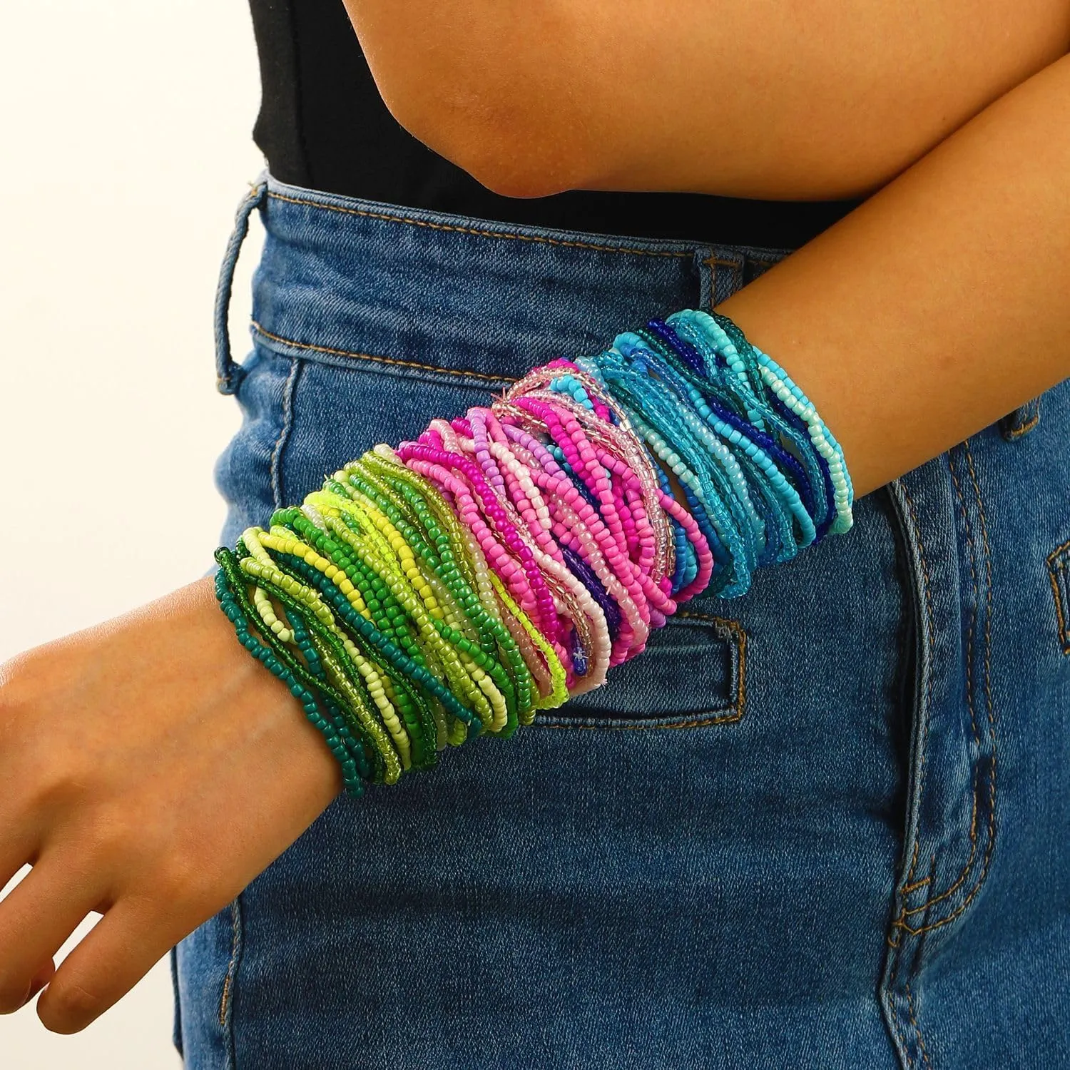 17pcs Bohemian Stackable Multilayer Elastic Bracelets - Handmade Seed Beaded Jewelry for Women & Girls