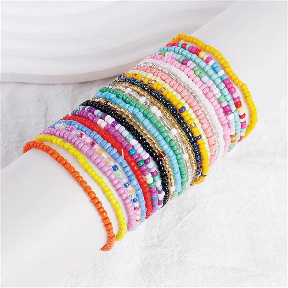 17pcs Bohemian Stackable Multilayer Elastic Bracelets - Handmade Seed Beaded Jewelry for Women & Girls