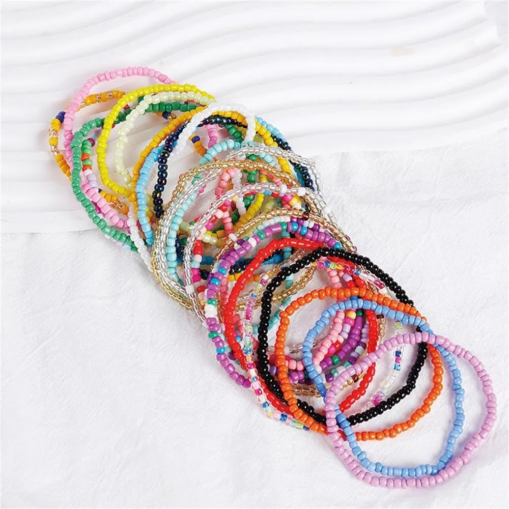 17pcs Bohemian Stackable Multilayer Elastic Bracelets - Handmade Seed Beaded Jewelry for Women & Girls