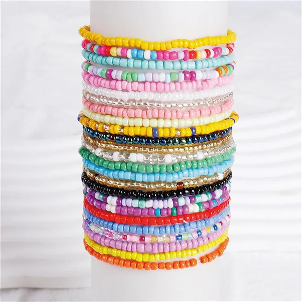 17pcs Bohemian Stackable Multilayer Elastic Bracelets - Handmade Seed Beaded Jewelry for Women & Girls