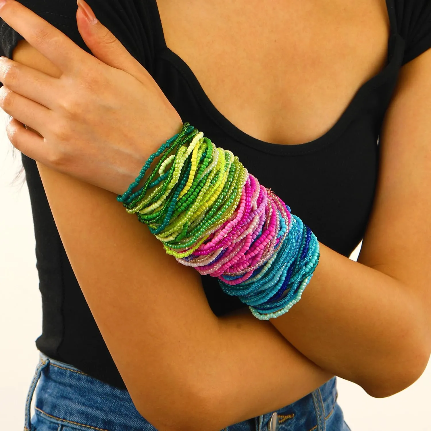 17pcs Bohemian Stackable Multilayer Elastic Bracelets - Handmade Seed Beaded Jewelry for Women & Girls
