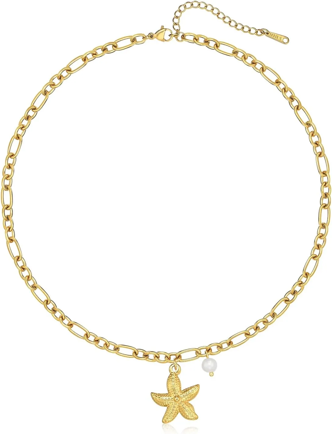 18K Gold Plated Starfish Pendant Necklace Stainless Steel Conch & Pearl Chain Choker for Women Ocean Jewelry