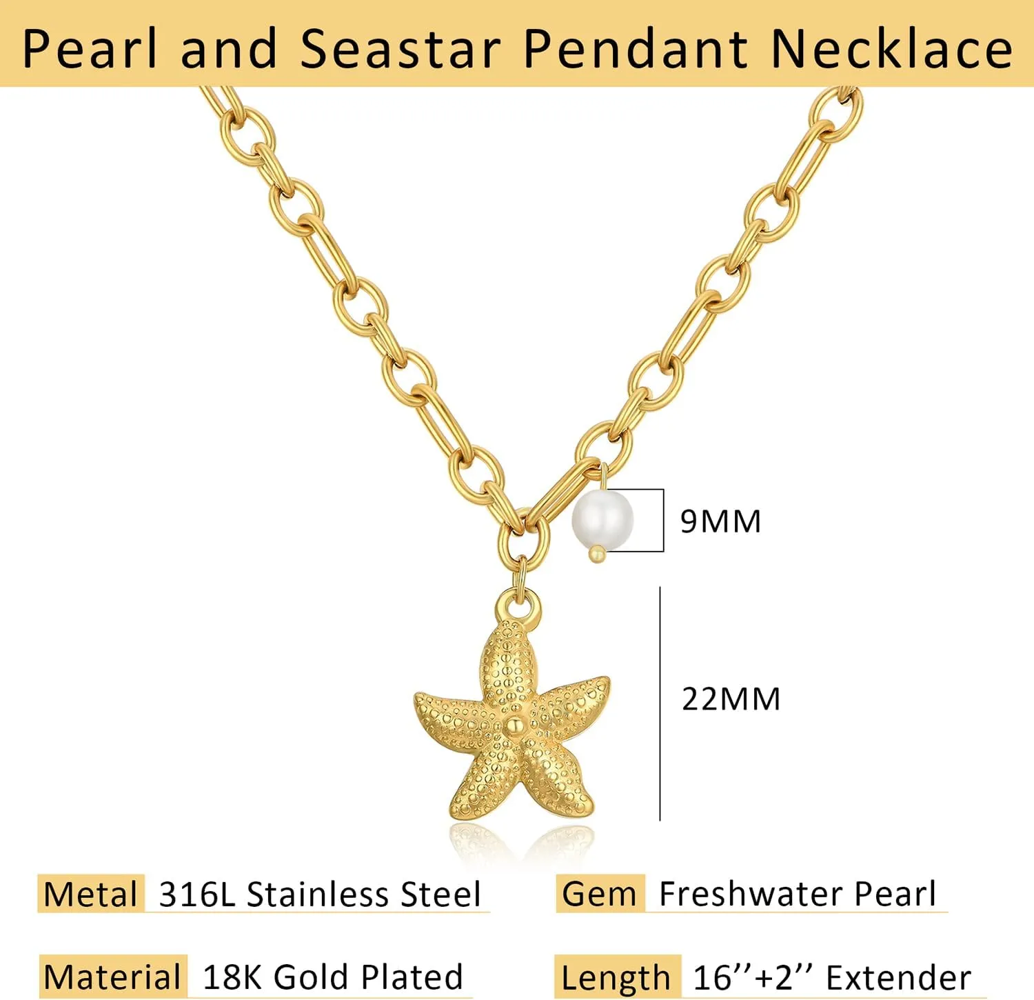 18K Gold Plated Starfish Pendant Necklace Stainless Steel Conch & Pearl Chain Choker for Women Ocean Jewelry