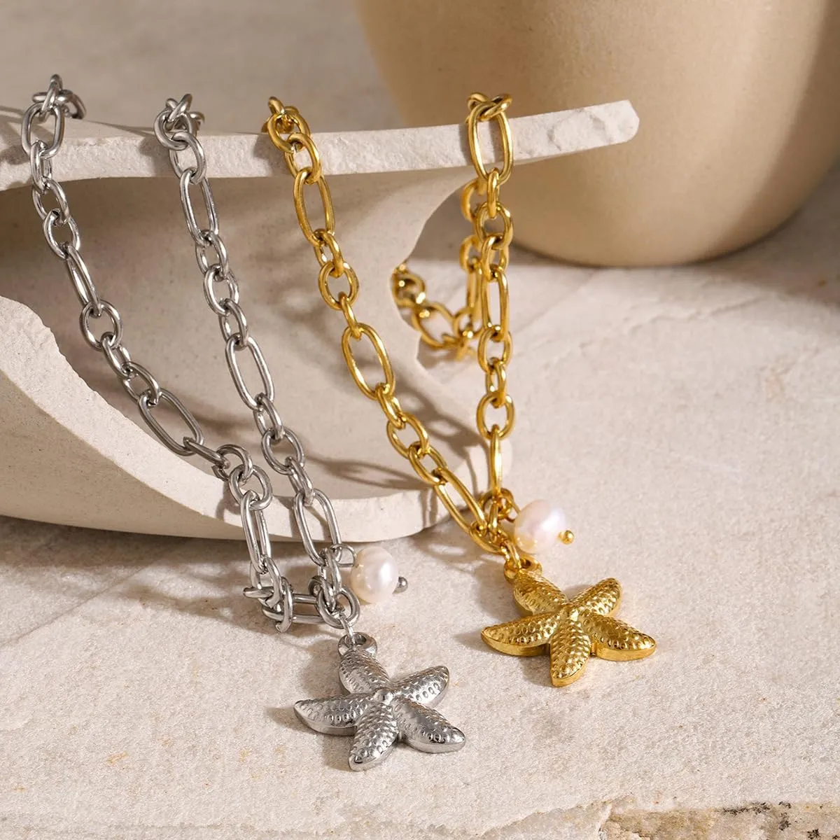 18K Gold Plated Starfish Pendant Necklace Stainless Steel Conch & Pearl Chain Choker for Women Ocean Jewelry