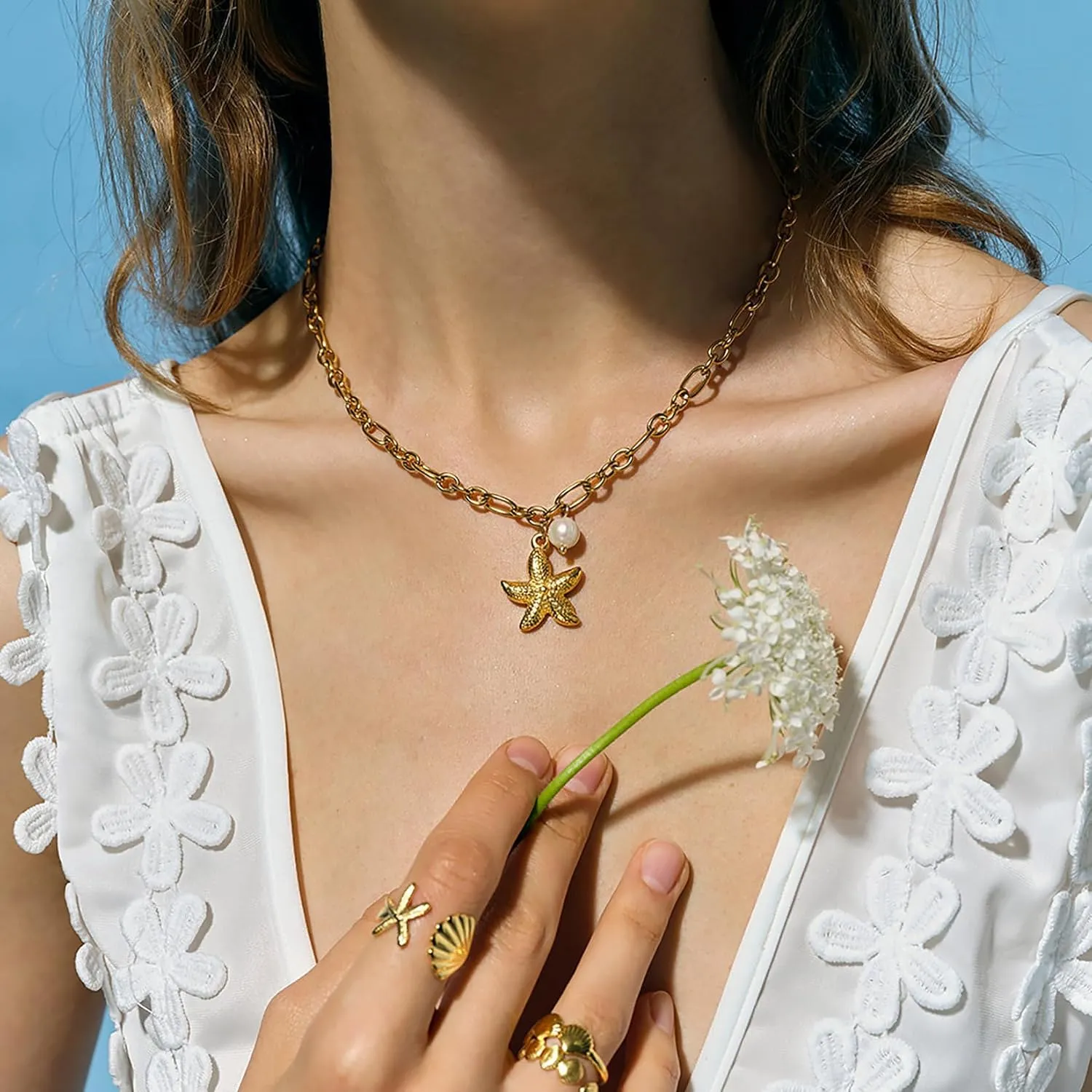 18K Gold Plated Starfish Pendant Necklace Stainless Steel Conch & Pearl Chain Choker for Women Ocean Jewelry