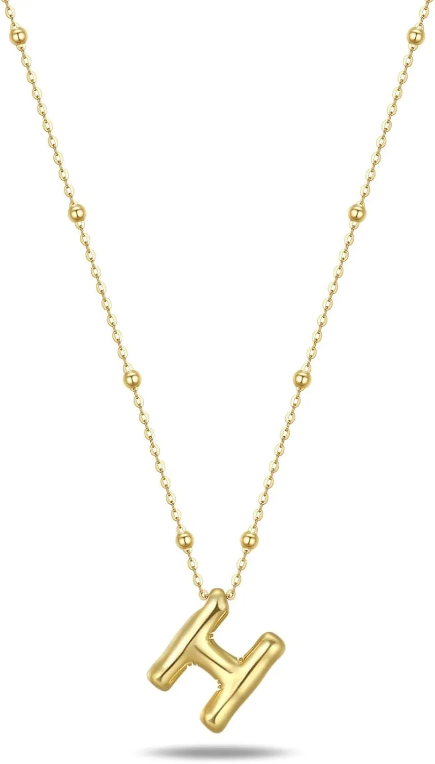 18k Gold Vermeil Bubble Letter Necklace Trendy Balloon Initial Pendant Dainty Charm A-Z Custom Name Necklace Layer Wear-Resistant Jewelry for Women 18'' 2'' Extension 925 Silver Chain H