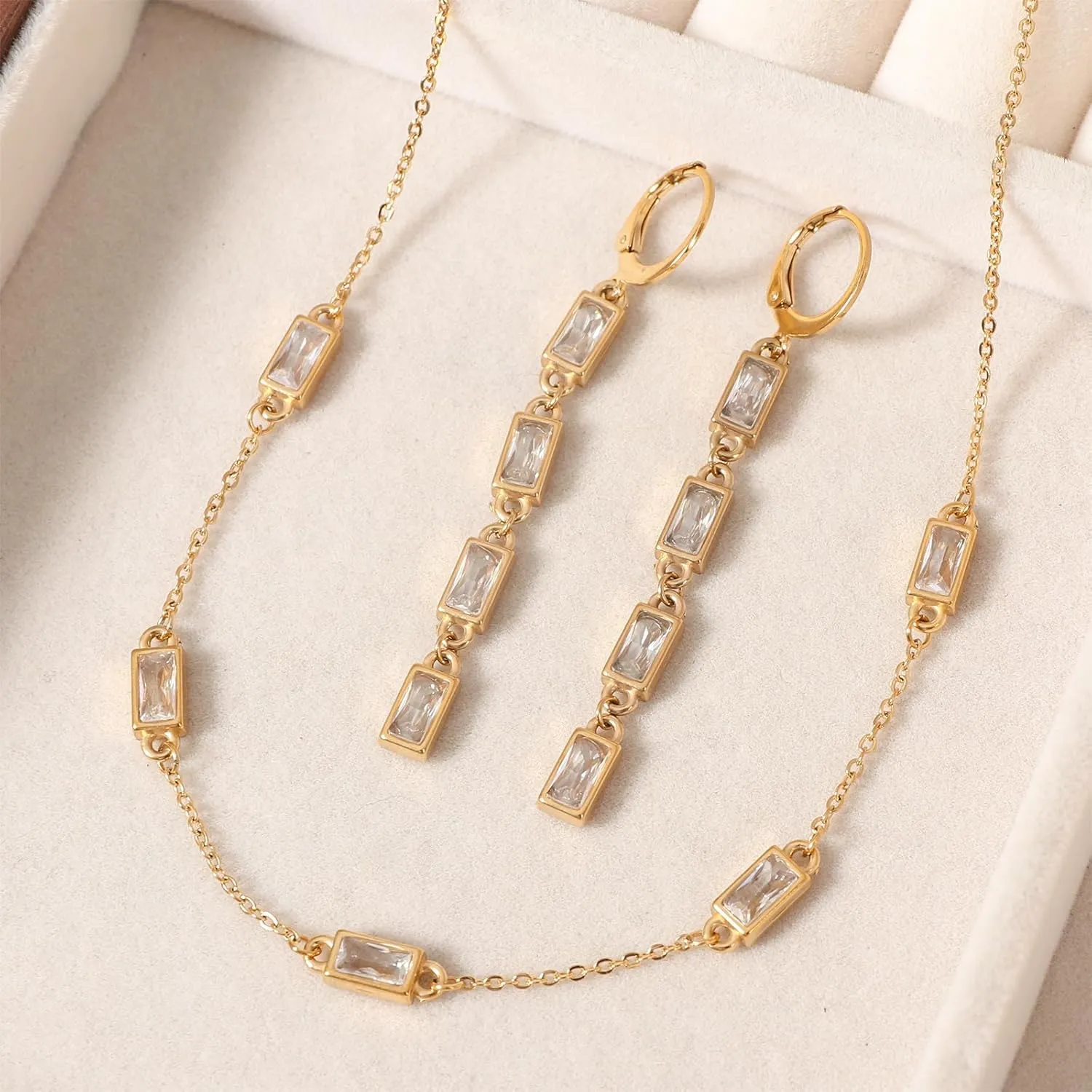 18k/14k Gold Plated Jewelry Set for Women 4/2 Pcs Emerald-cut/Heart/Cushion-cut Cubic Zirconia Necklace Earring Bracelet Anklet Set Birthstone Jewelry Wife Mother Wedding Prom Birthday Gift