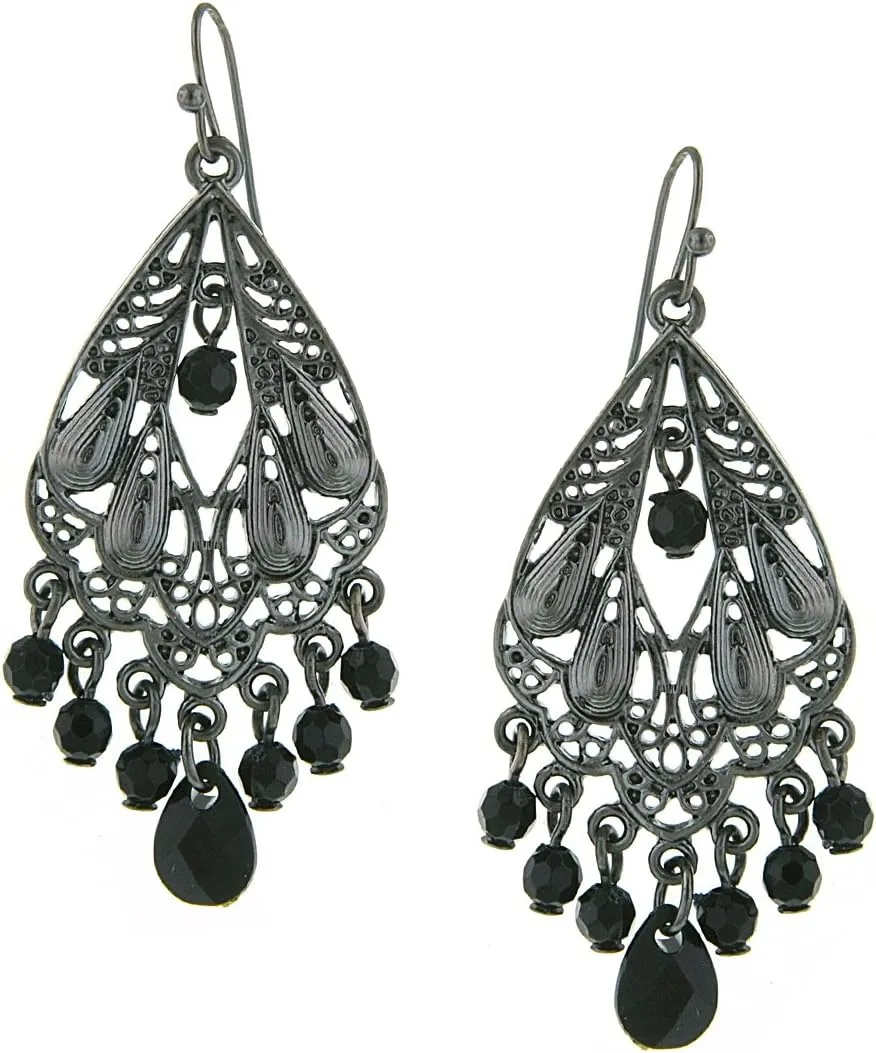 1928 Jewelry Black Faceted Bead Filigree Chandelier Earrings