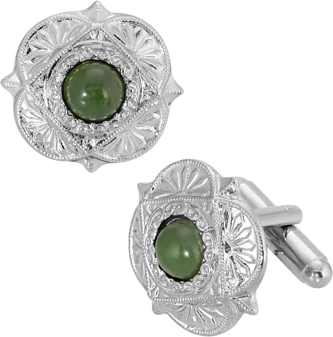 1928 Jewelry Mens Vintage Style Silver Tone Round Green Jade Gemstone Cufflinks