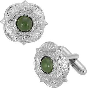 1928 Jewelry Mens Vintage Style Silver Tone Round Green Jade Gemstone Cufflinks