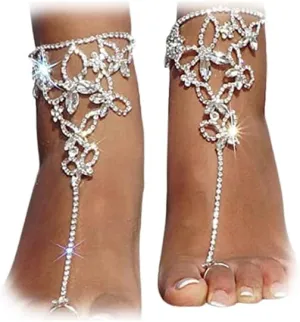 1Pair Bridal Wedding Rhinestone Barefoot Sandals Foot Chain Jewelry Bikini Crystal Leg Bracelet Toe Ring Jewelry Summer Beach Rhinestone High Heel Anklet Shoe Chain for Women