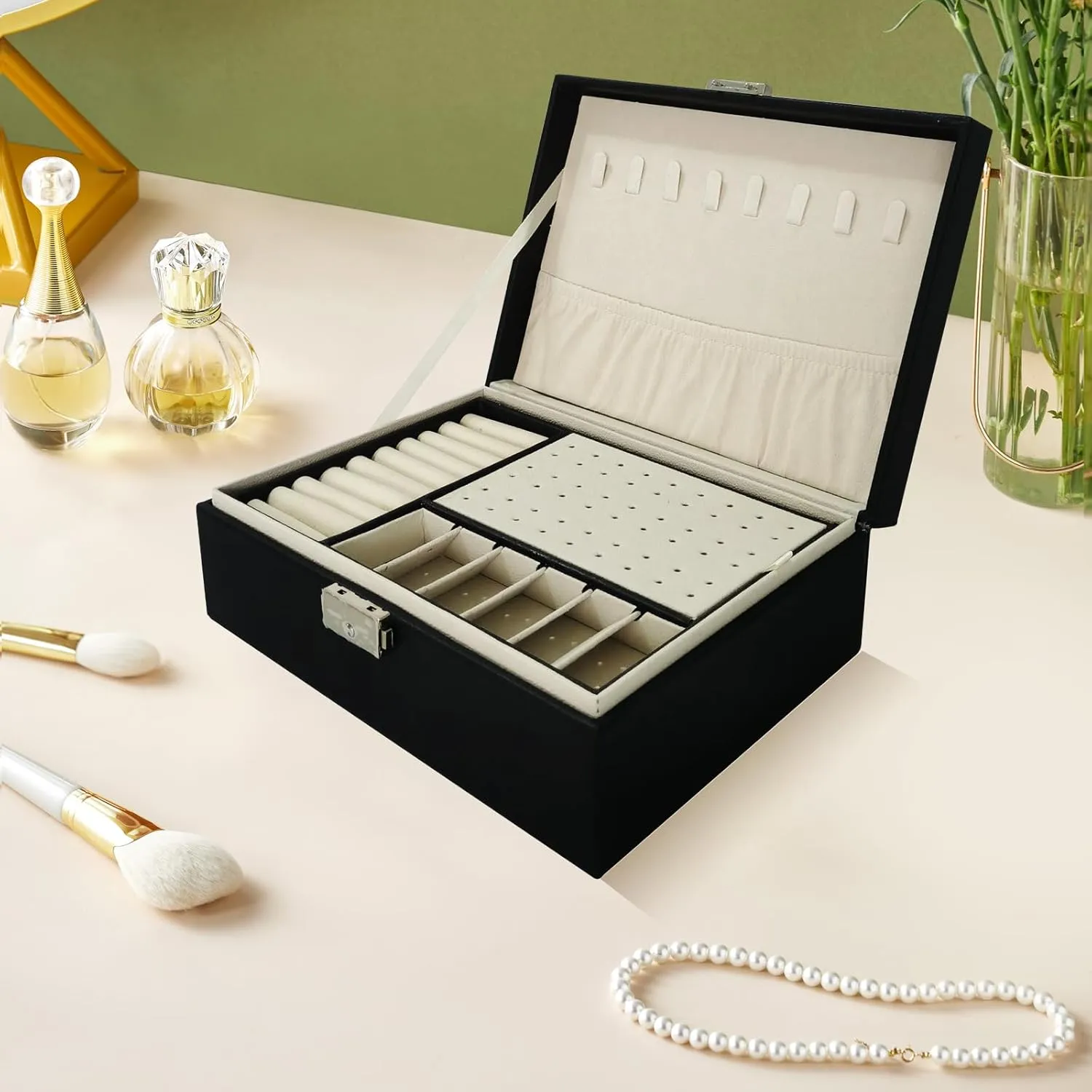 2 Layers PU Leather Jewelry Box Jewelry Organizer Box for Girls Gift Earring Organizer with Lock Jewelry Case Removable Tray for Necklace Earring Ring with Polishing Cloth and Jewelry Bags (Black)