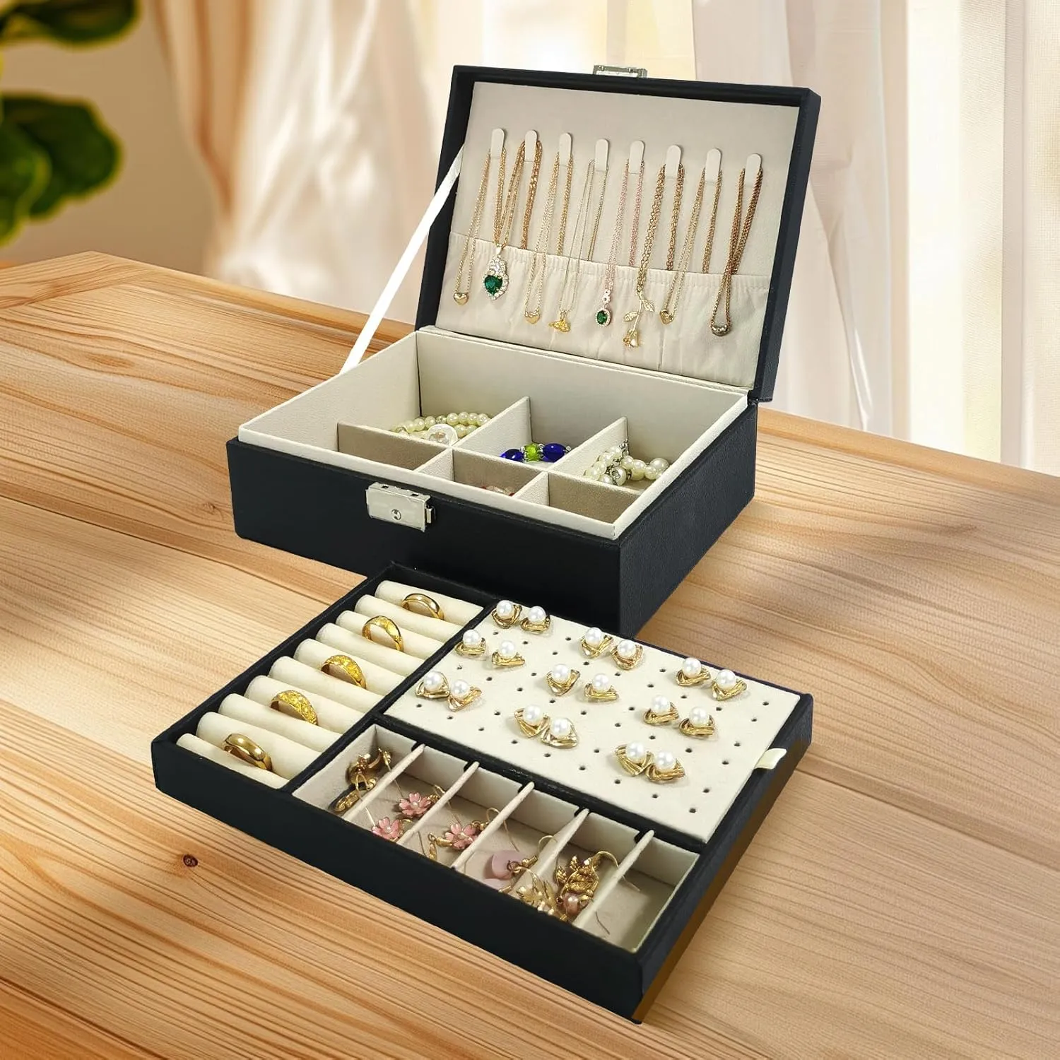 2 Layers PU Leather Jewelry Box Jewelry Organizer Box for Girls Gift Earring Organizer with Lock Jewelry Case Removable Tray for Necklace Earring Ring with Polishing Cloth and Jewelry Bags (Black)