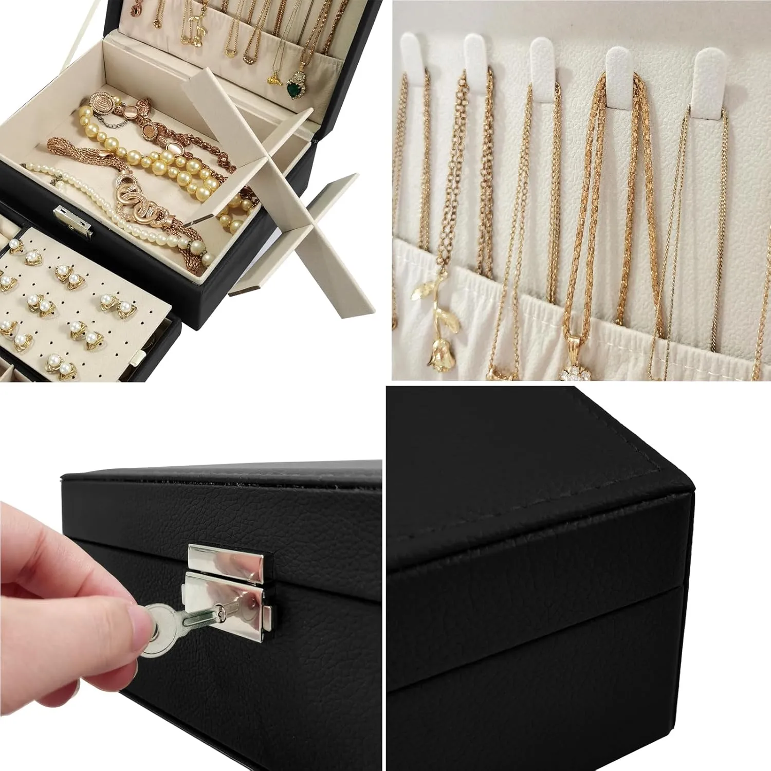 2 Layers PU Leather Jewelry Box Jewelry Organizer Box for Girls Gift Earring Organizer with Lock Jewelry Case Removable Tray for Necklace Earring Ring with Polishing Cloth and Jewelry Bags (Black)