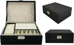 2 Layers PU Leather Jewelry Box Jewelry Organizer Box for Girls Gift Earring Organizer with Lock Jewelry Case Removable Tray for Necklace Earring Ring with Polishing Cloth and Jewelry Bags (Black)