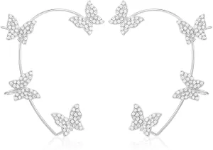 2 Pcs Butterfly Ear Cuff, Silver Ear Wrap Earrings No Piercing, Easy to Apply Metal C-rings Design Glitter Fairy Ear-cuffs Jewelry for Women, Gift for Her (Silver, 1.37 x 6.48 Inches)