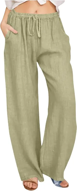 2025 Summer Wide Leg Linen Pants for Women Drawstring Waist Loose Pants Lightweight Trousers Casual Beach Long Pants