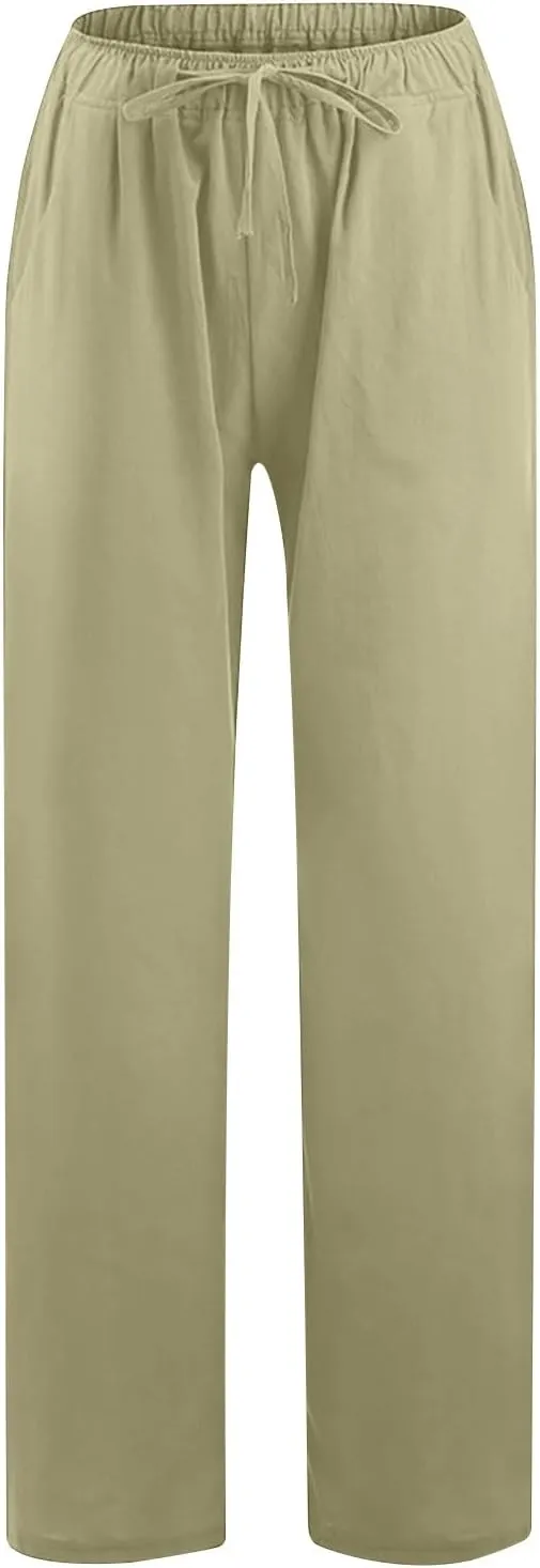 2025 Summer Wide Leg Linen Pants for Women Drawstring Waist Loose Pants Lightweight Trousers Casual Beach Long Pants