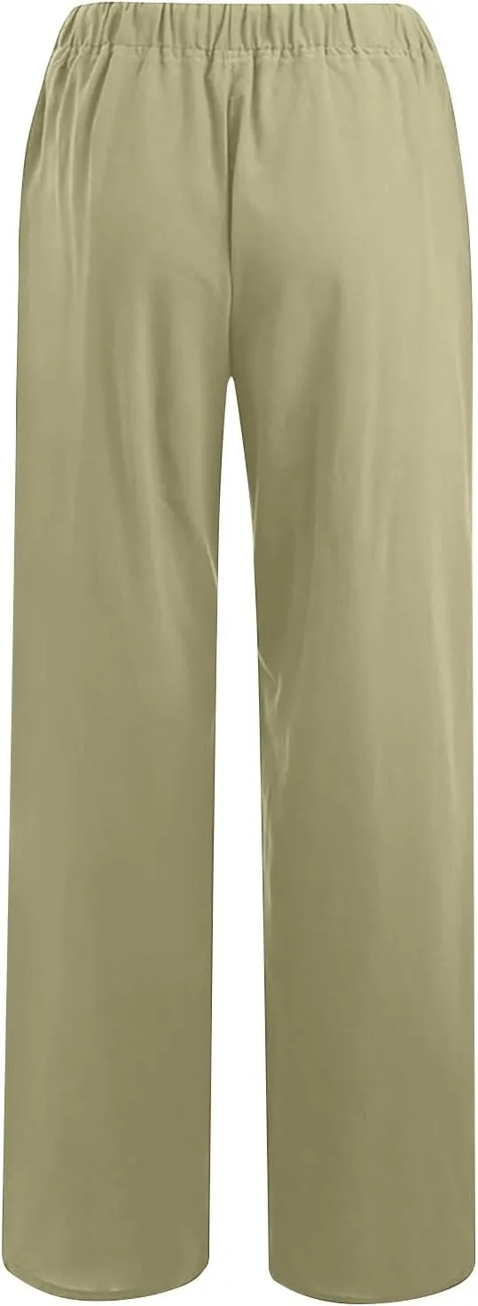2025 Summer Wide Leg Linen Pants for Women Drawstring Waist Loose Pants Lightweight Trousers Casual Beach Long Pants