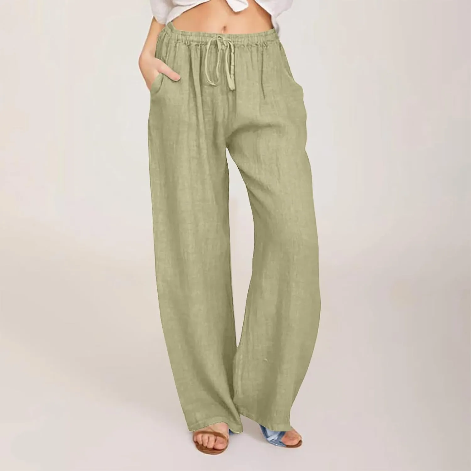 2025 Summer Wide Leg Linen Pants for Women Drawstring Waist Loose Pants Lightweight Trousers Casual Beach Long Pants