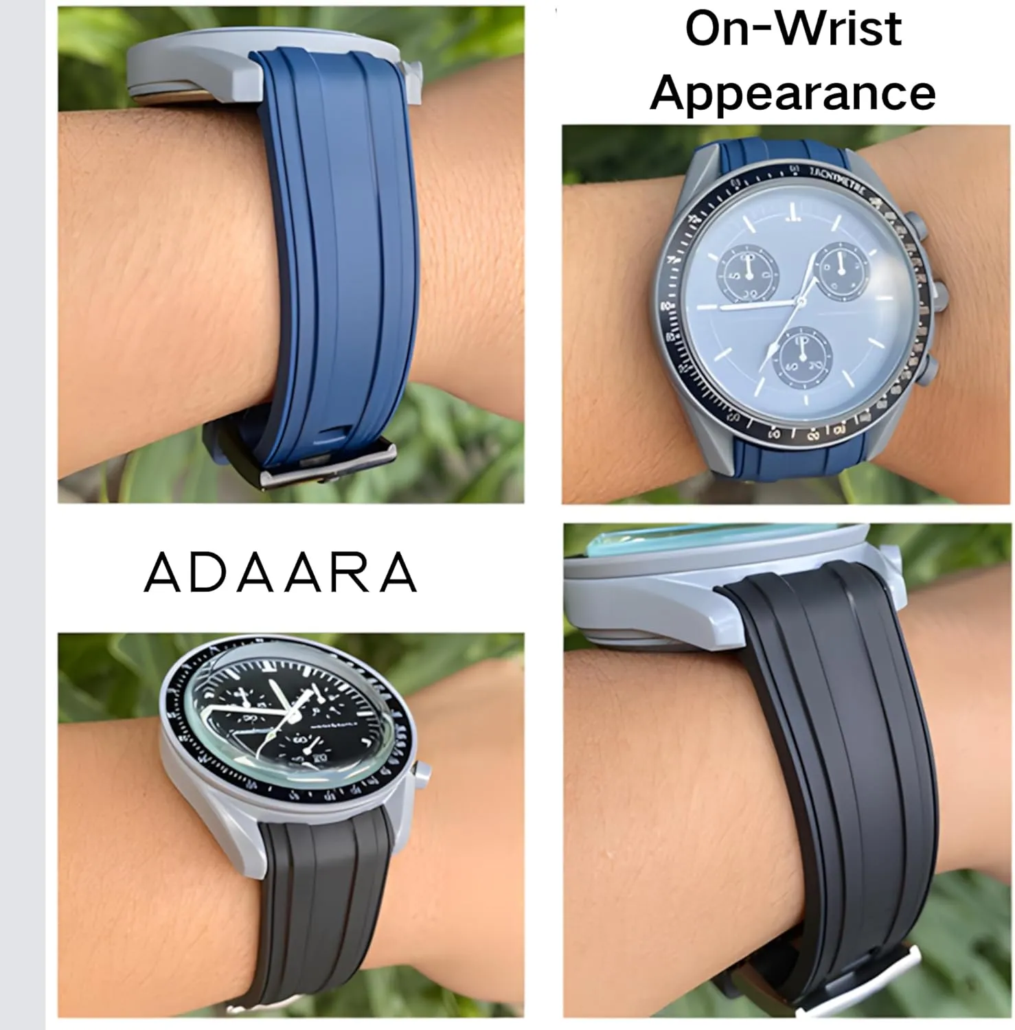 20mm FKM Rubber Band, compatible with Omega Seamaster Diver 300mm Watch - 316L Stainless Steel Foldover Clasp - 20 Quick Release Curved End strap for Omega Moonswatch