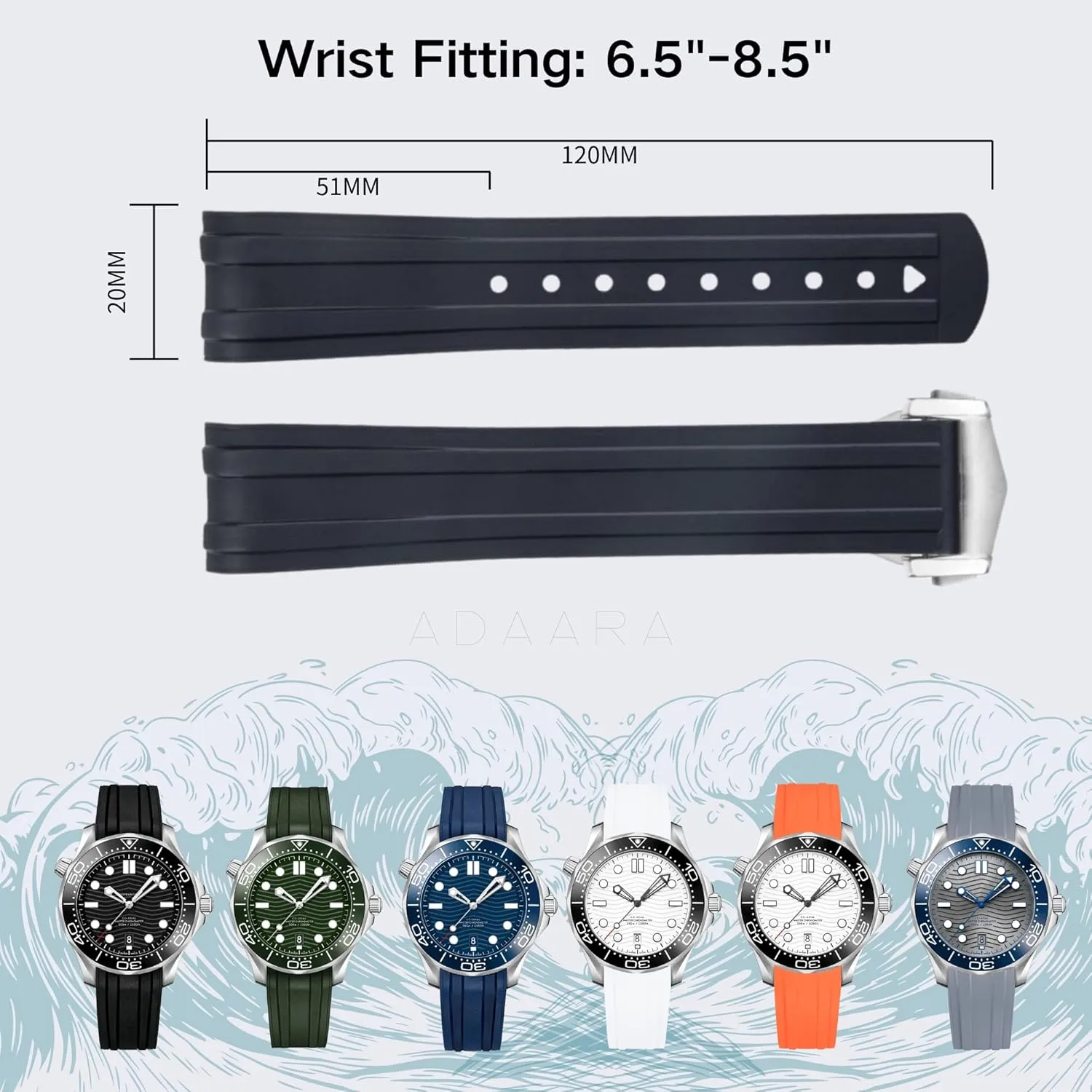20mm FKM Rubber Band, compatible with Omega Seamaster Diver 300mm Watch - 316L Stainless Steel Foldover Clasp - 20 Quick Release Curved End strap for Omega Moonswatch