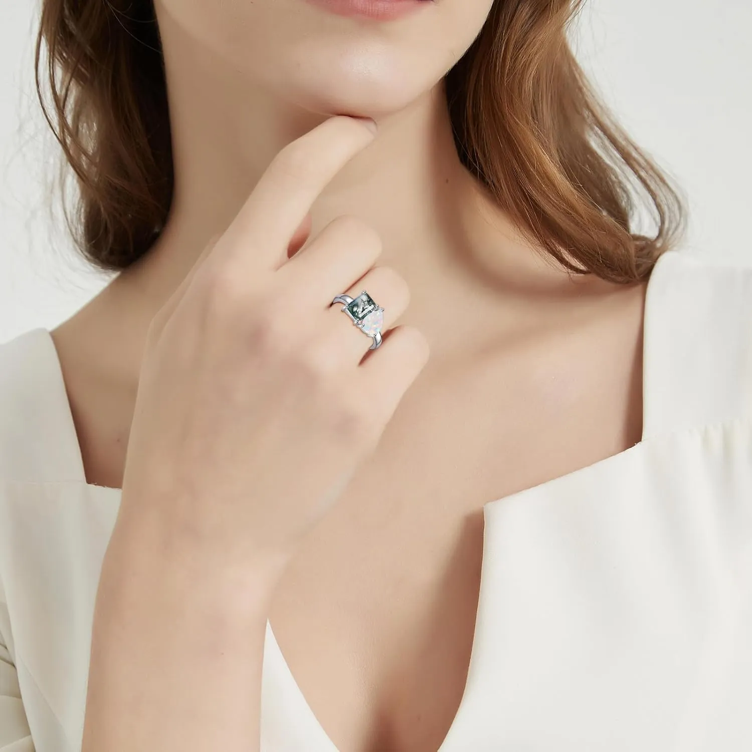 2.75CT Toi Et Moi Ring - 6x8mm Moss Agate Ring & Pear Opal Ring 14K Gold Plated 925 Sterling Silver Women Engagement Ring Stackable Wedding Band Width Band 2mm Size 5-9