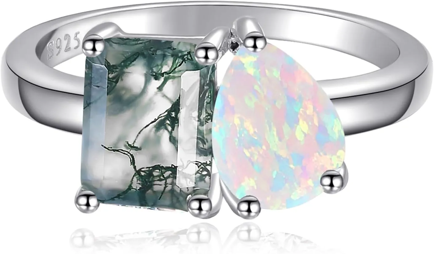 2.75CT Toi Et Moi Ring - 6x8mm Moss Agate Ring & Pear Opal Ring 14K Gold Plated 925 Sterling Silver Women Engagement Ring Stackable Wedding Band Width Band 2mm Size 5-9