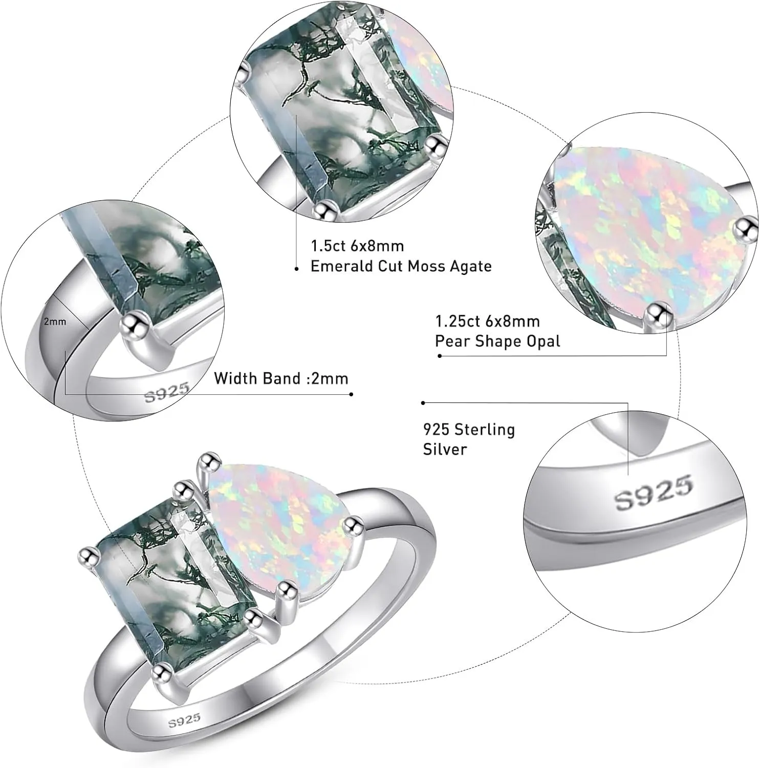 2.75CT Toi Et Moi Ring - 6x8mm Moss Agate Ring & Pear Opal Ring 14K Gold Plated 925 Sterling Silver Women Engagement Ring Stackable Wedding Band Width Band 2mm Size 5-9