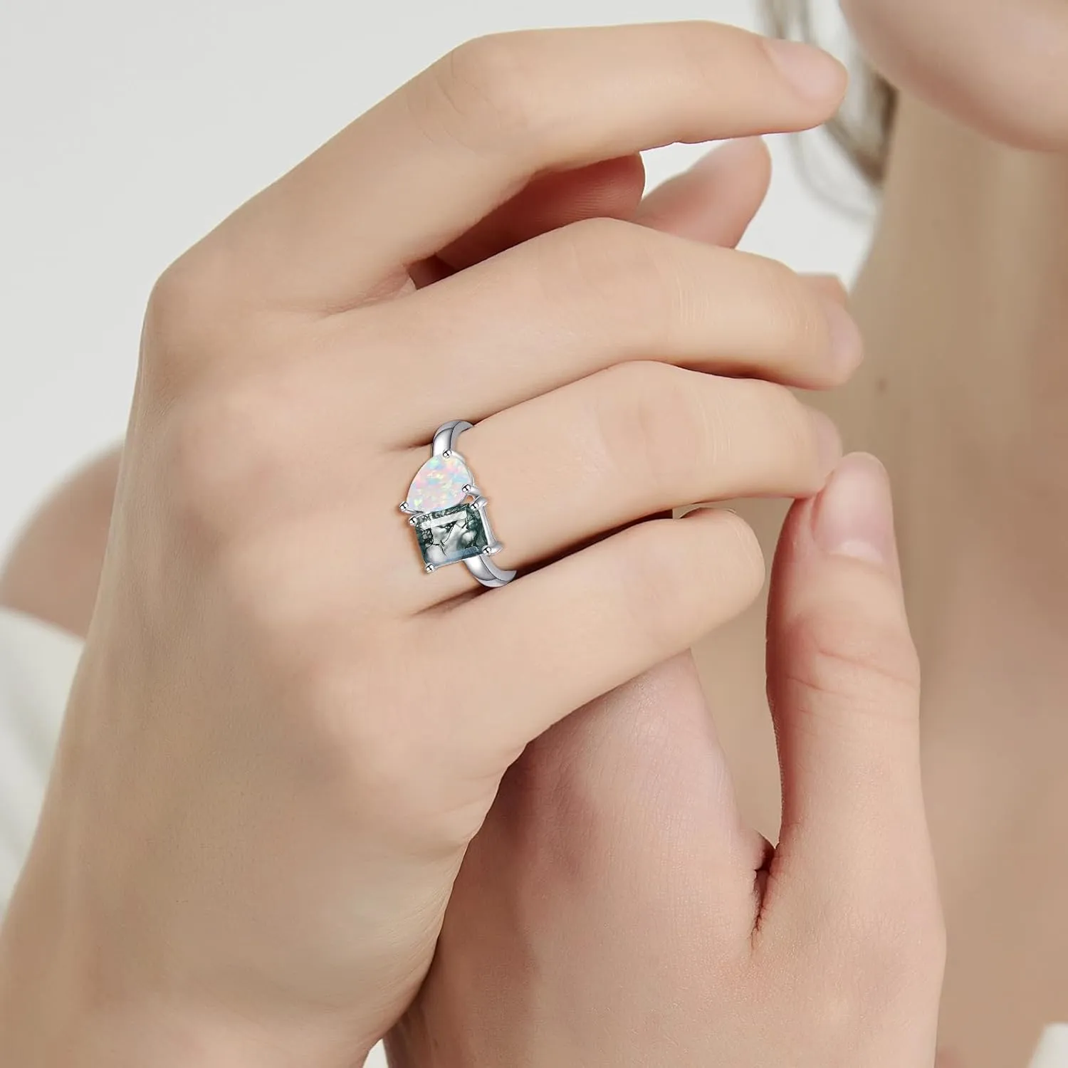 2.75CT Toi Et Moi Ring - 6x8mm Moss Agate Ring & Pear Opal Ring 14K Gold Plated 925 Sterling Silver Women Engagement Ring Stackable Wedding Band Width Band 2mm Size 5-9