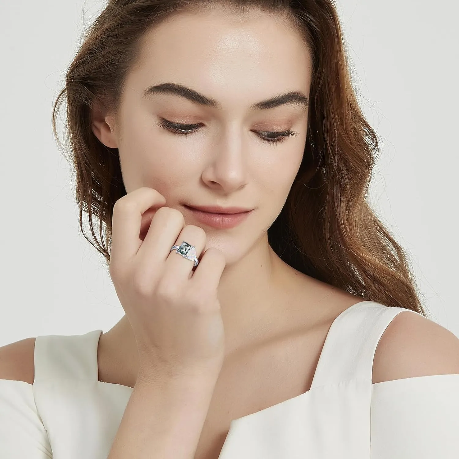 2.75CT Toi Et Moi Ring - 6x8mm Moss Agate Ring & Pear Opal Ring 14K Gold Plated 925 Sterling Silver Women Engagement Ring Stackable Wedding Band Width Band 2mm Size 5-9