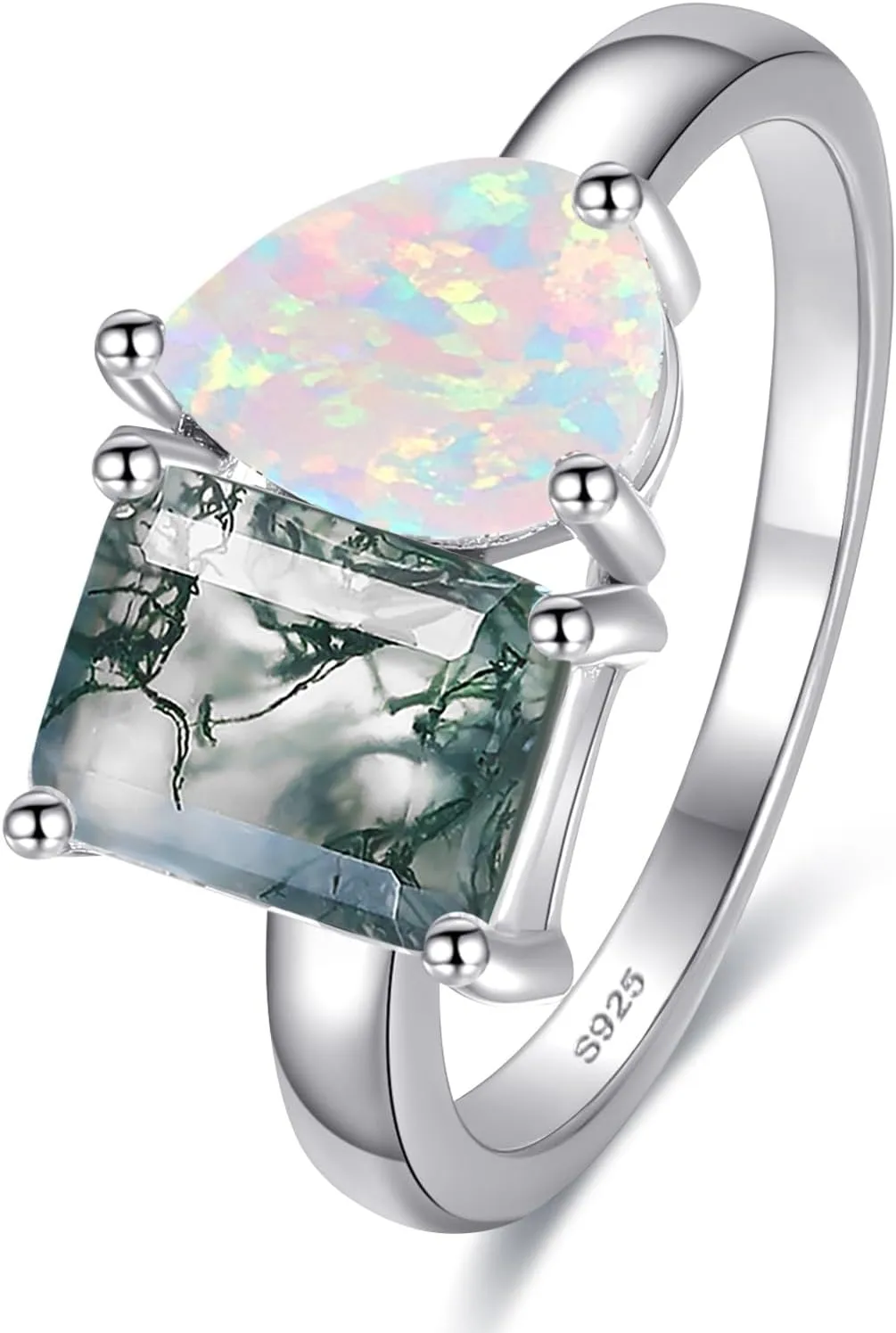 2.75CT Toi Et Moi Ring - 6x8mm Moss Agate Ring & Pear Opal Ring 14K Gold Plated 925 Sterling Silver Women Engagement Ring Stackable Wedding Band Width Band 2mm Size 5-9