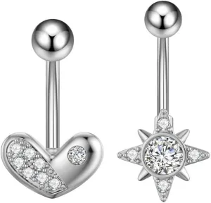 2Pcs 14G CZ Star Heart Belly Button Rings Studs for Women Hypoallergenic Stainless Steel Belly Navel Rings 3/8 Inch Navel Piercing Barbell Simple Body Piercing Jewelry