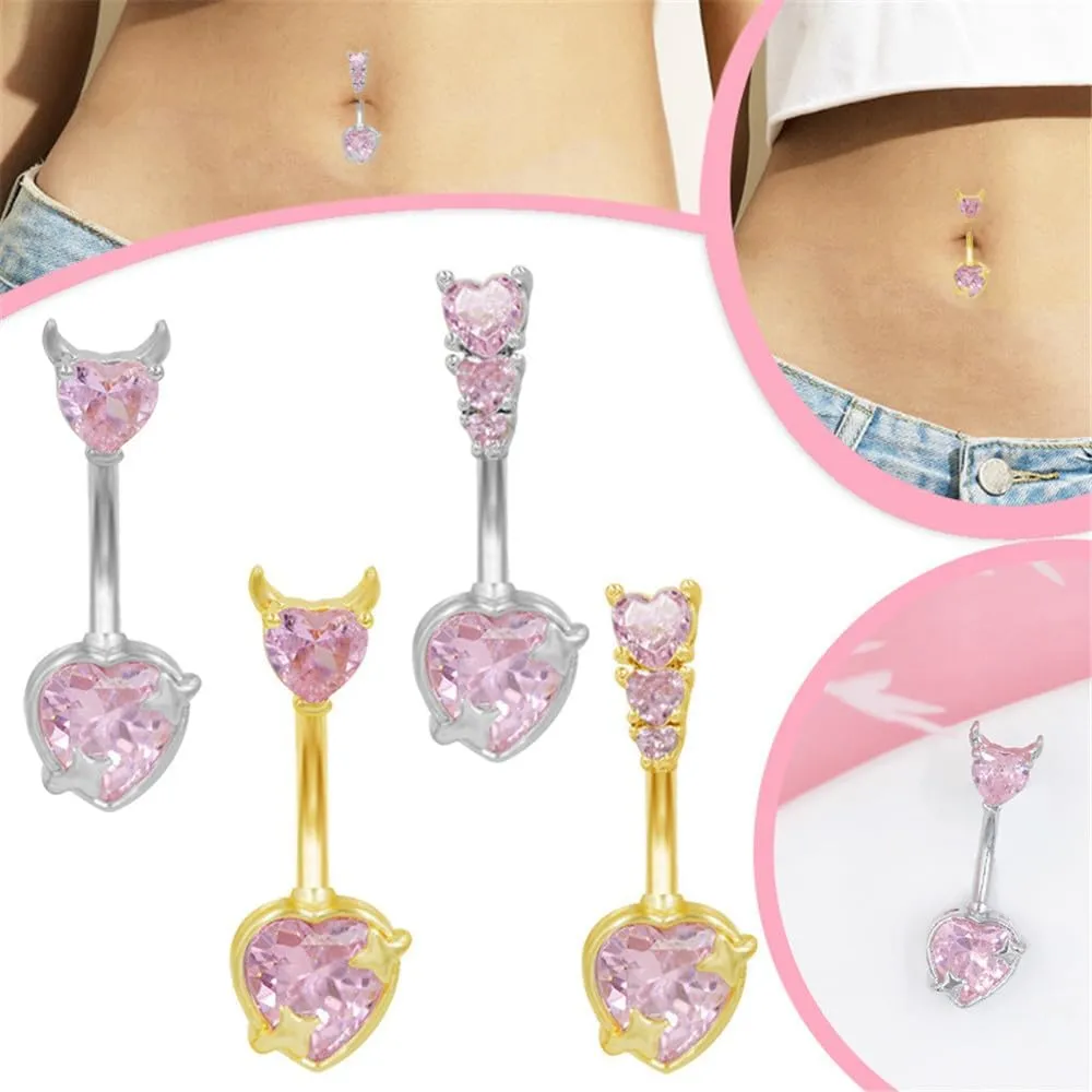 2Pcs 14G Pink CZ Heart Belly Button Rings Stainless Steel Crystal Belly Rings Navel Curved Barbell Cute Belly Piercing Studs Body Piercing Jewelry for Women