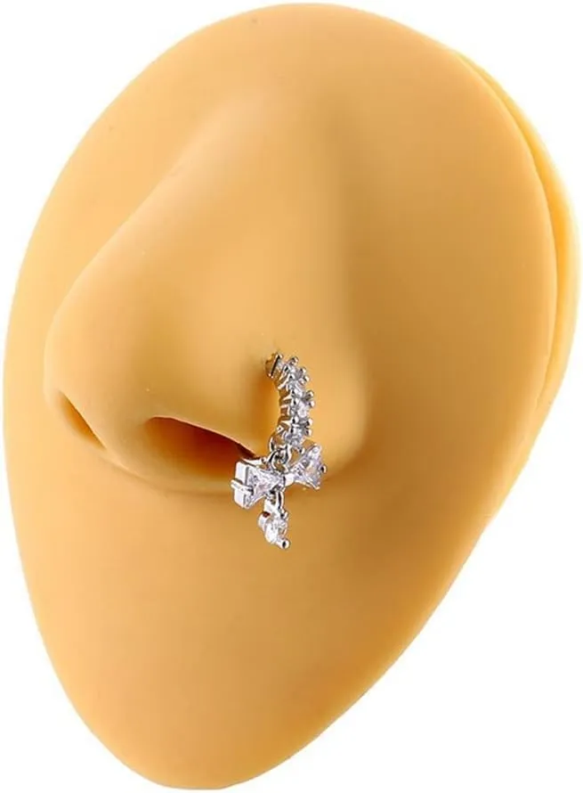 2Pcs 20G CZ Bowknot Dangle Nose Rings for Women 316L Surgical Steel Crystal Bow Hoop Nose Ring Dangling Cartilage Earrings Nose Piercing Jewelry