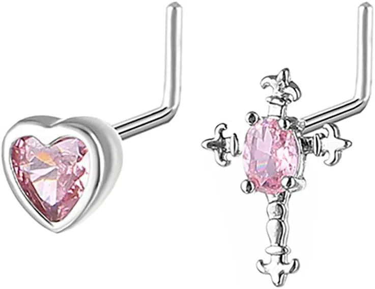 2Pcs 20G Pink CZ Heart Cross Nose Rings for Women 316L Surgical Steel L-Shaped Nose Studs Rings L Bend Nose Screws Cute Nose Nostril Piercing Jewelry