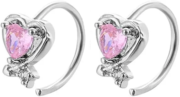 2Pcs 20G Pink CZ Heart Hoop Nose Rings for Women 316L Surgical Steel Nose Rings Hoops Dainty Nose Nostril Piercing Jewelry Hypoallergenic