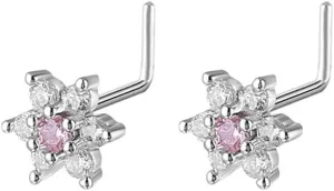 2Pcs 20G Surgical Steel L-Shaped Flower Nose Studs Rings for Women Sparkling CZ Crystal Floral Nose Ring Tiny Nose Screws Nose Nostril Piercing Jewelry