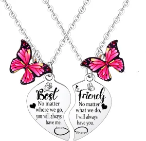 2PCs Best Friend Heart Matching Pendant Necklace Long Distance Friendship Gifts for Best Friend Necklace for 2 Friendship Necklace for Sister Friends Bestie Birthday Gifts Butterfly Charm Gifts for Best Friend Jewelry